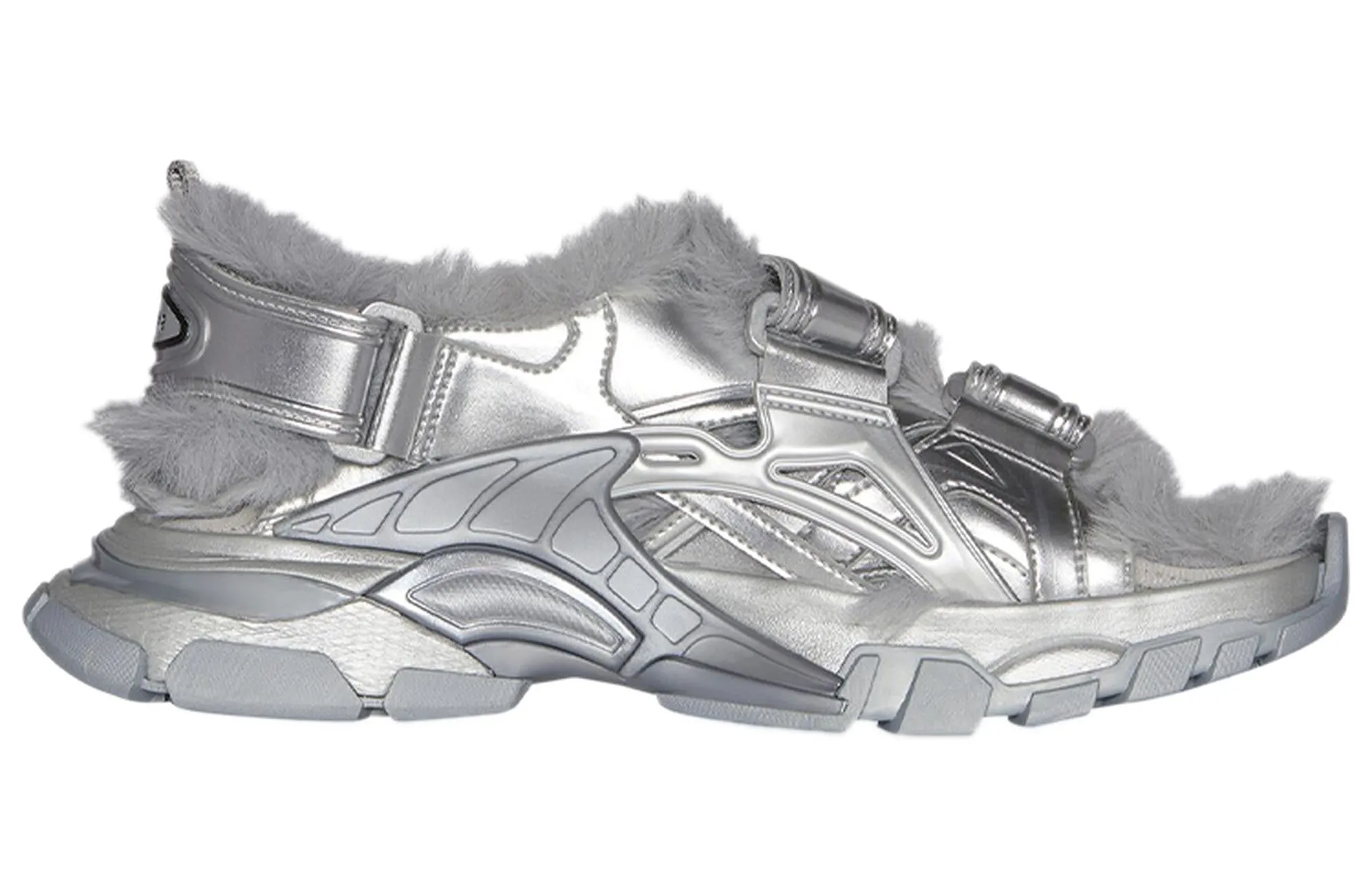 Balenciaga Faux Fur Rubber Mesh Track Sandals ' Metallic Grey'