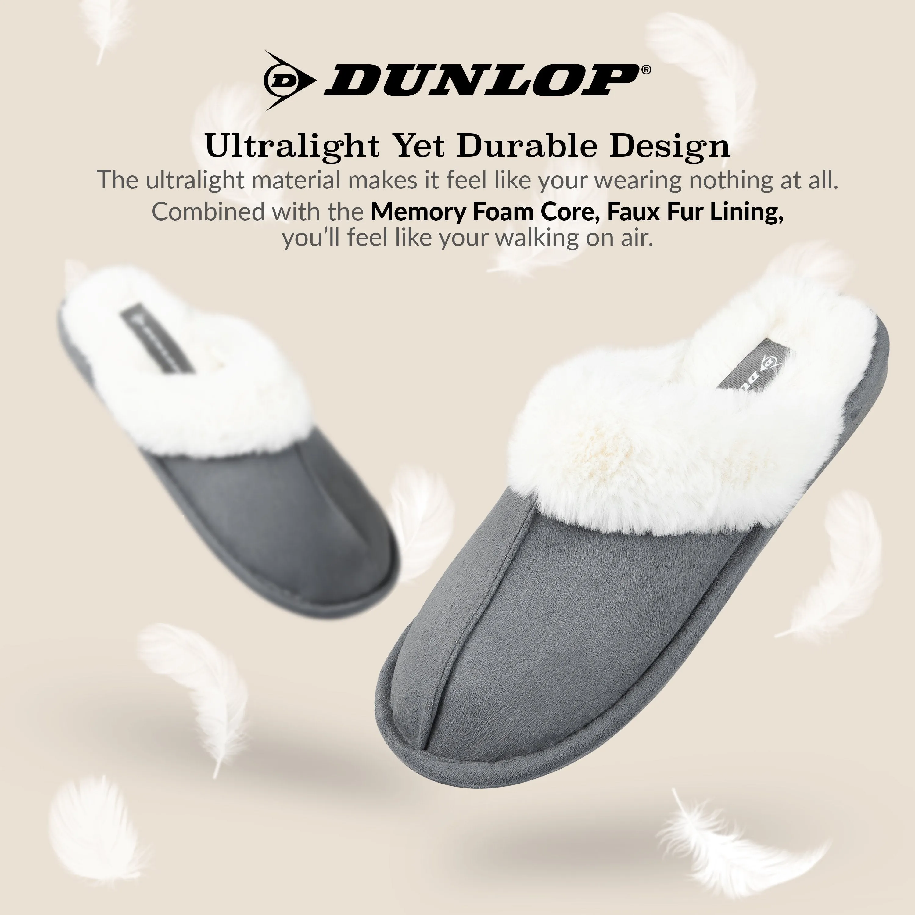Dunlop Womens Slippers, Memory Foam Fluffy Slip On House Shoes