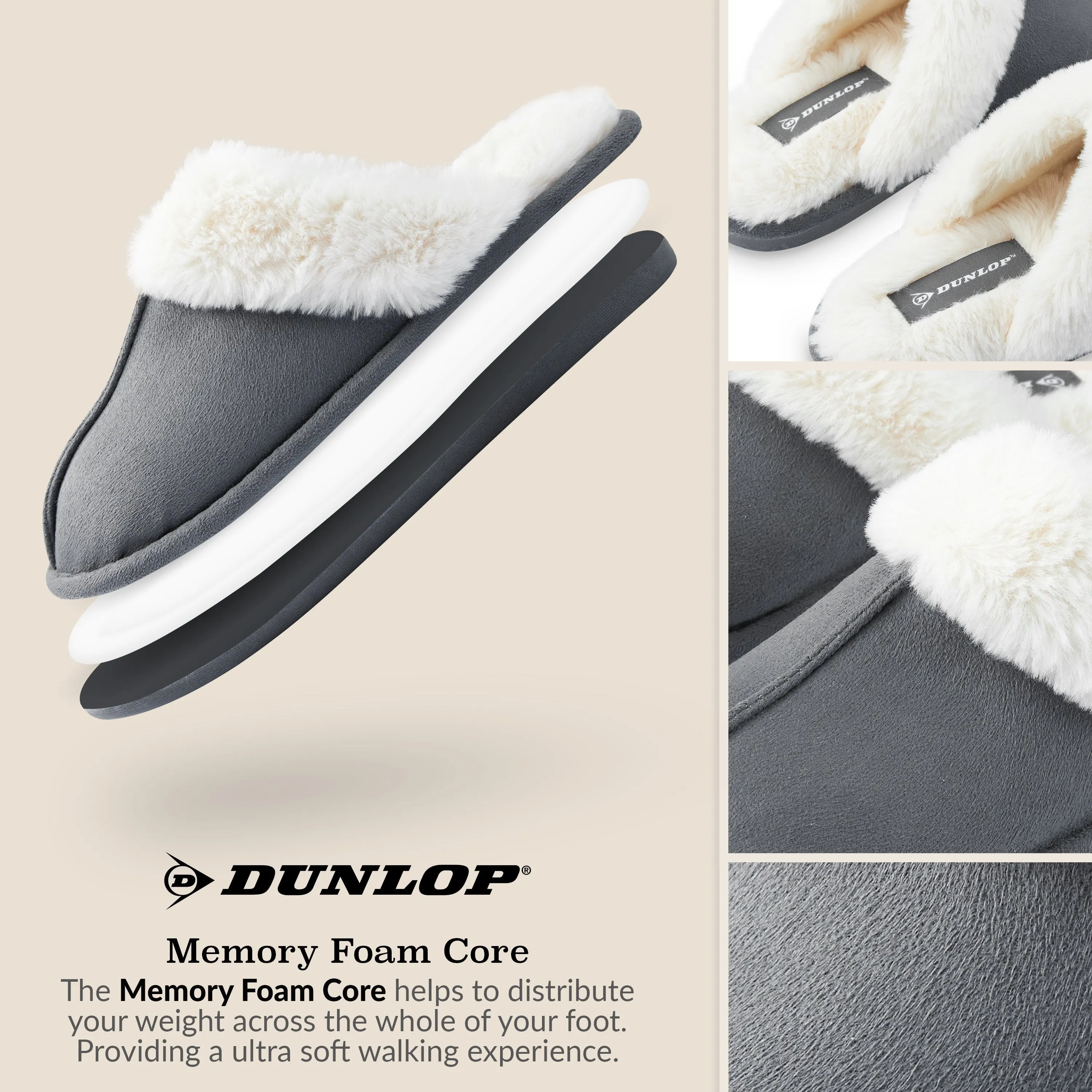 Dunlop Womens Slippers, Memory Foam Fluffy Slip On House Shoes