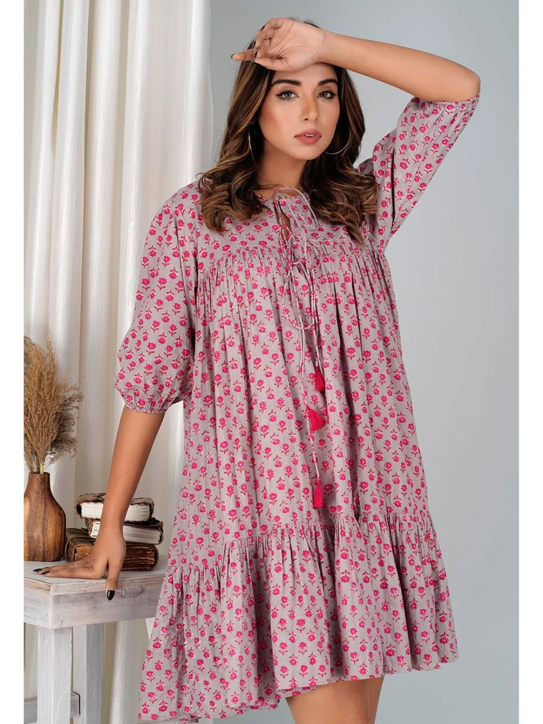 Floral Pink Cotton Mini Tier Dress