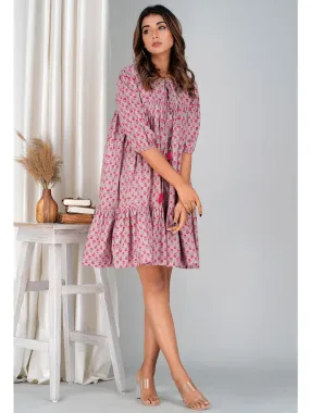 Floral Pink Cotton Mini Tier Dress
