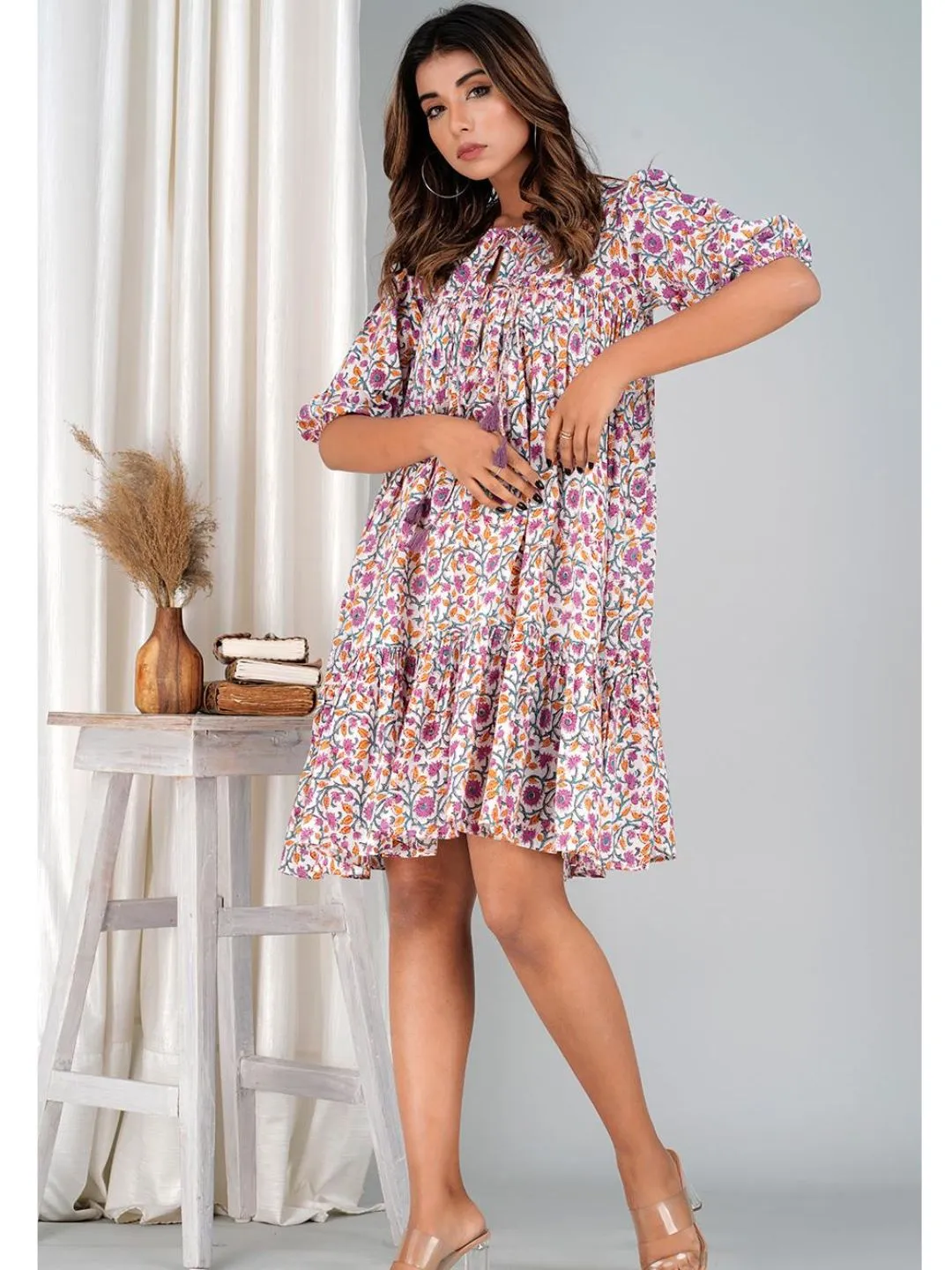 Floral Violet Cotton Mini Tier Dress