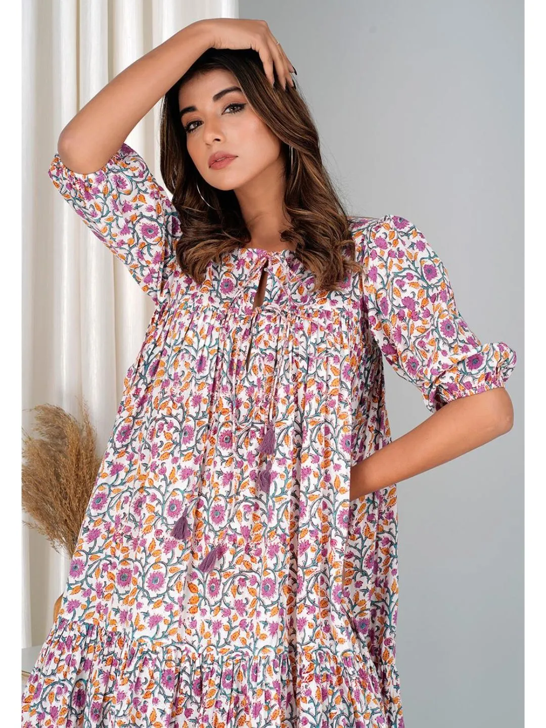 Floral Violet Cotton Mini Tier Dress