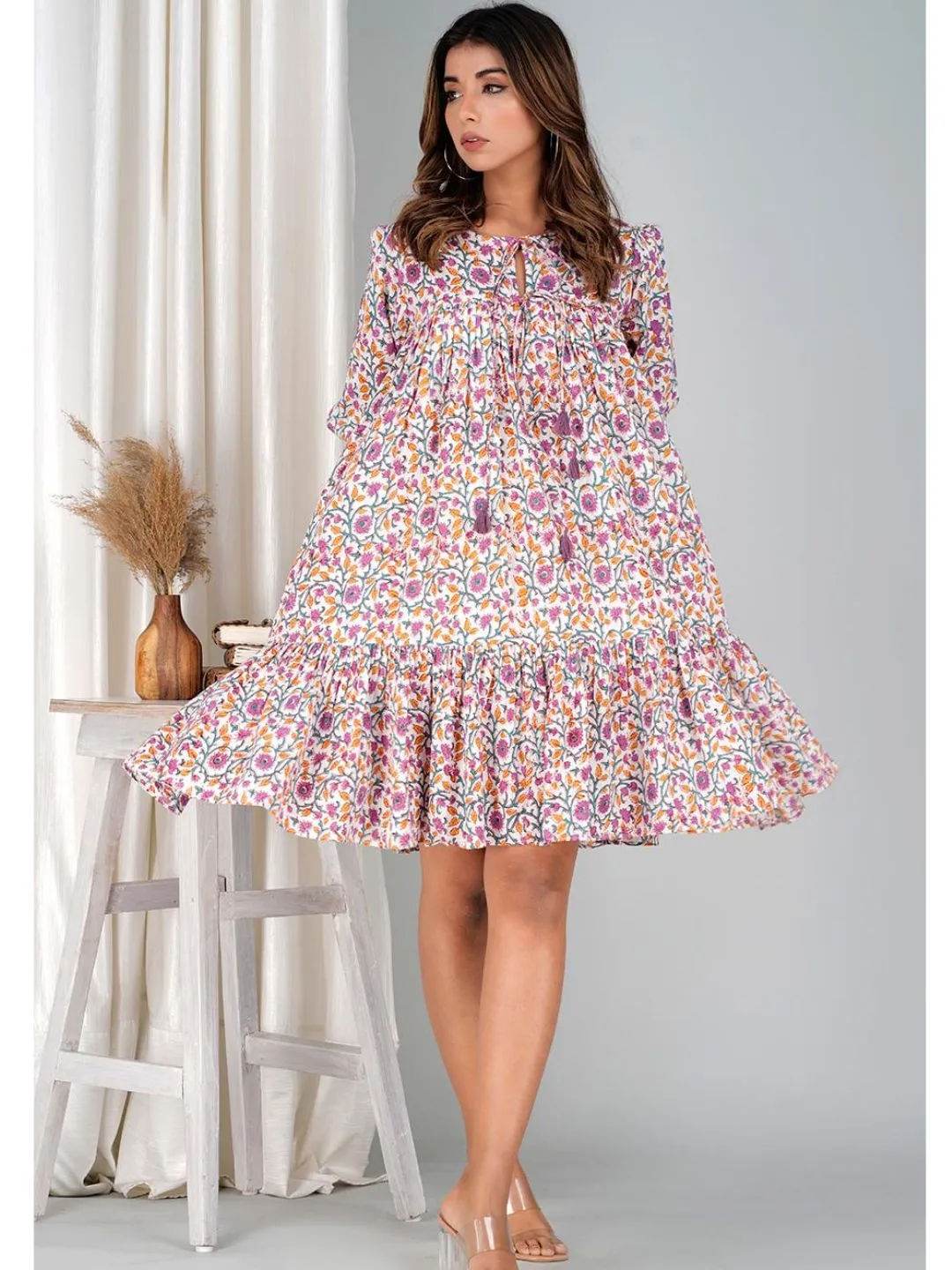 Floral Violet Cotton Mini Tier Dress