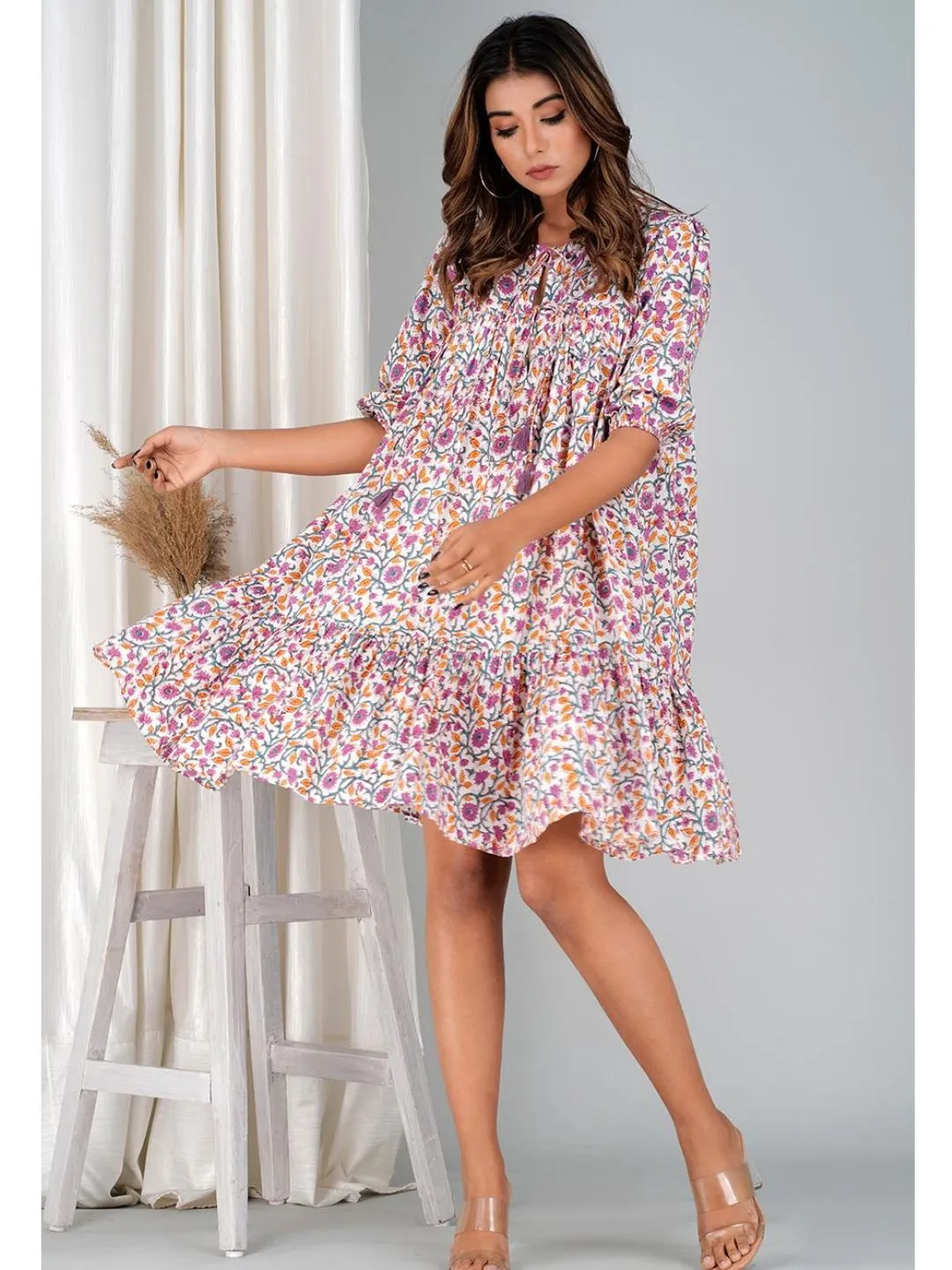 Floral Violet Cotton Mini Tier Dress