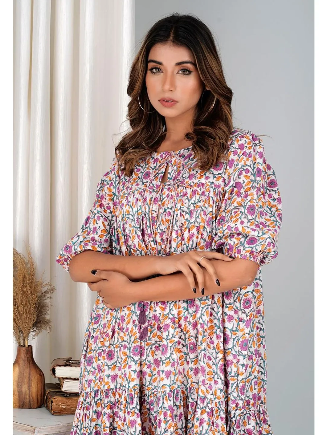 Floral Violet Cotton Mini Tier Dress