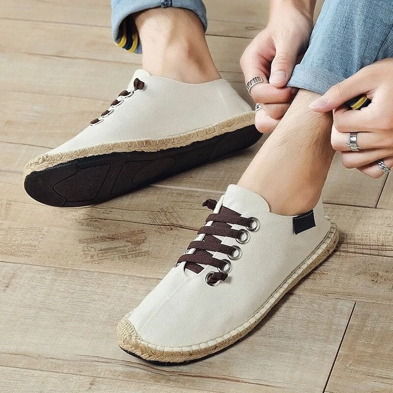 Hnzxzm Canvas Shoes Men Flat Casual Loafers Breathable Hemp Lazy Shoes Cool Young Man Footwear Slip-on Cloth Black Big Size 45 A1494