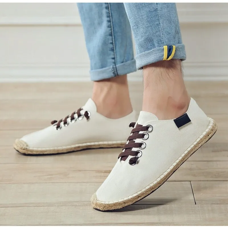 Hnzxzm Canvas Shoes Men Flat Casual Loafers Breathable Hemp Lazy Shoes Cool Young Man Footwear Slip-on Cloth Black Big Size 45 A1494