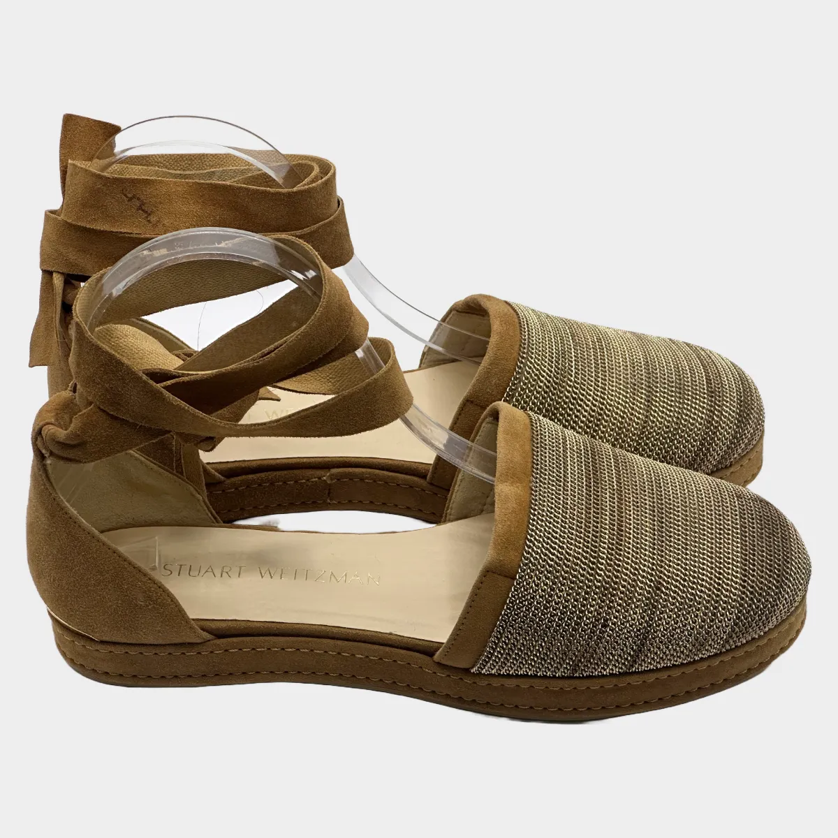 STUART WEITZMAN beige and gold suede lace-up espadrilles with chain trims at the toes