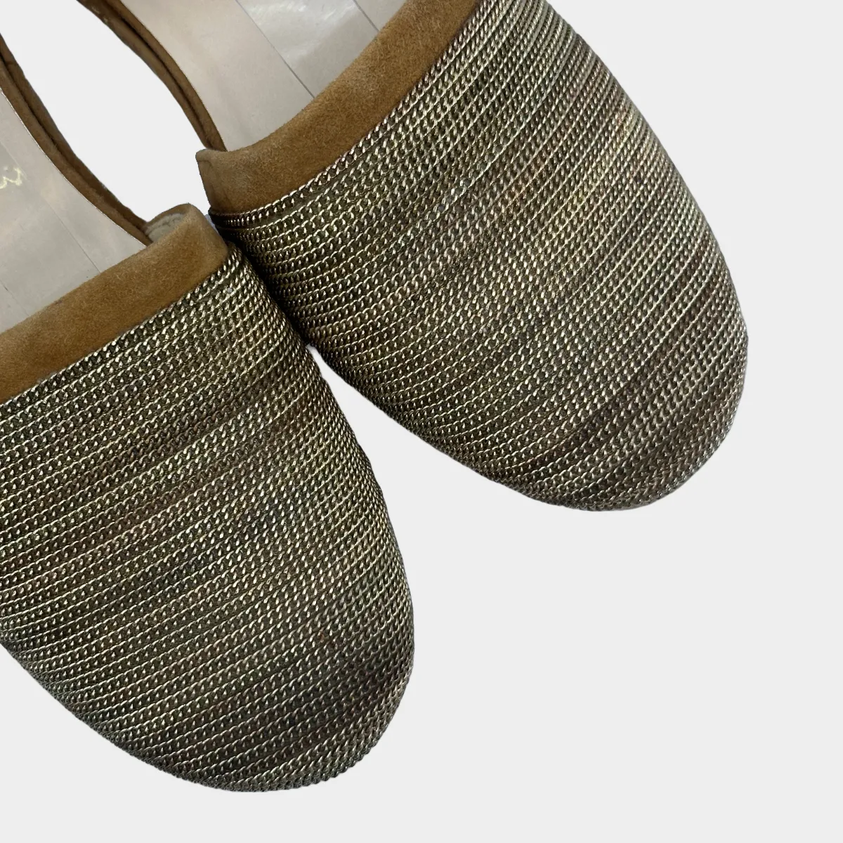 STUART WEITZMAN beige and gold suede lace-up espadrilles with chain trims at the toes