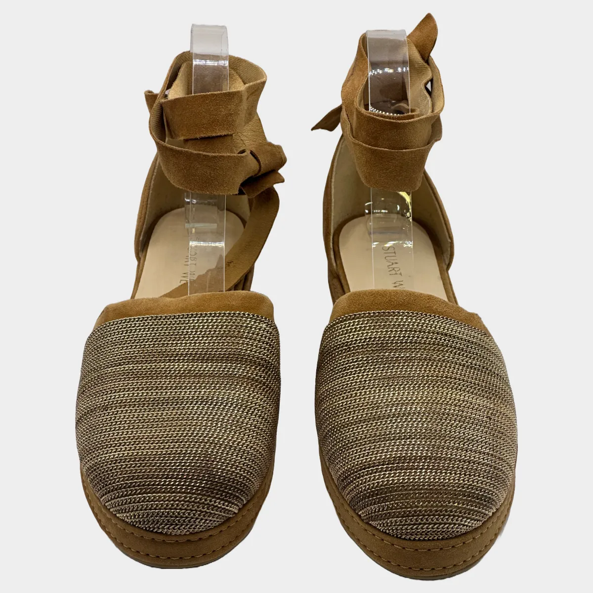 STUART WEITZMAN beige and gold suede lace-up espadrilles with chain trims at the toes