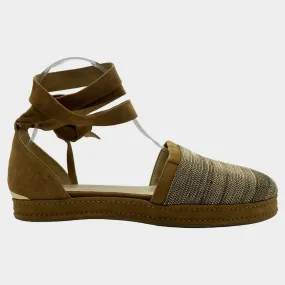 STUART WEITZMAN beige and gold suede lace-up espadrilles with chain trims at the toes