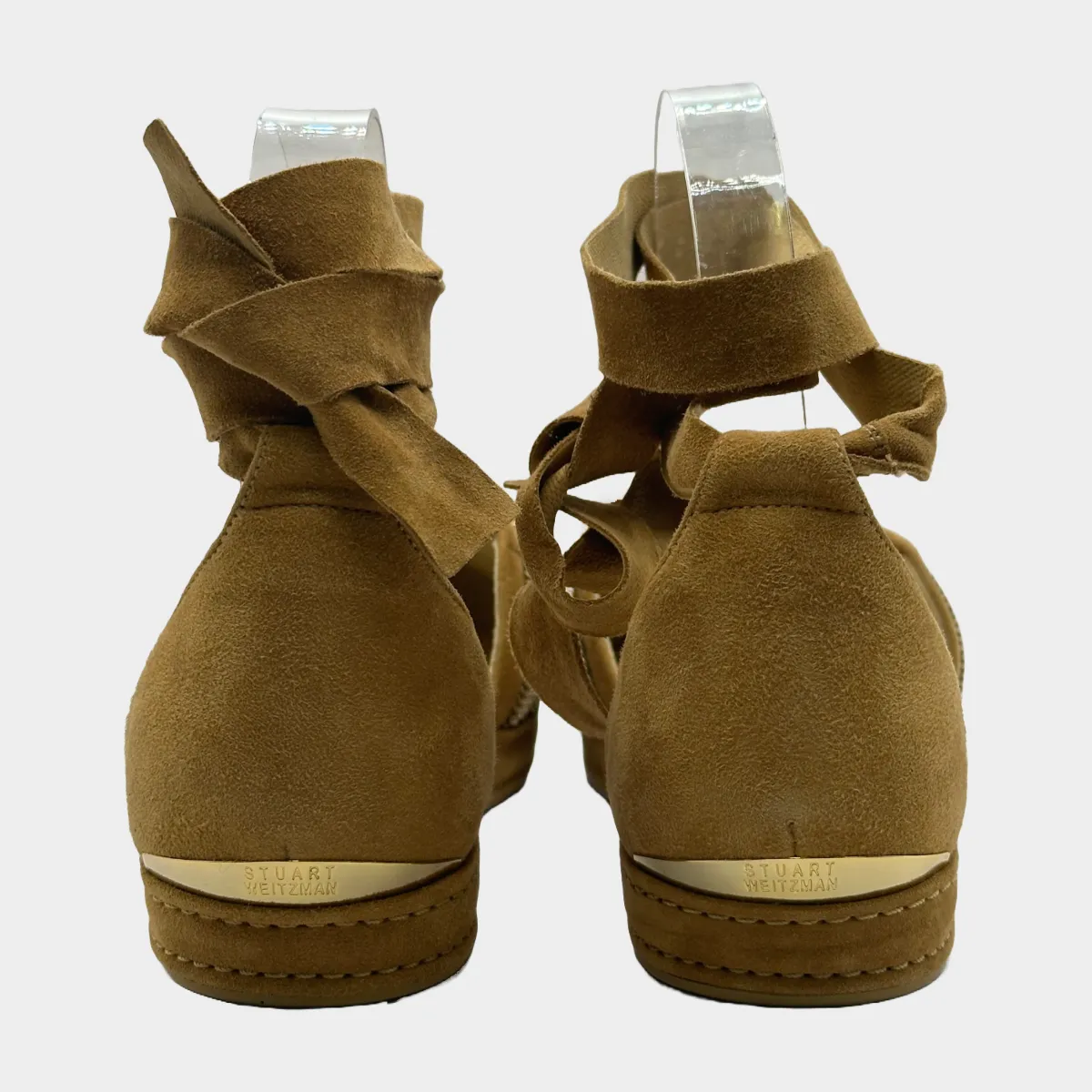 STUART WEITZMAN beige and gold suede lace-up espadrilles with chain trims at the toes
