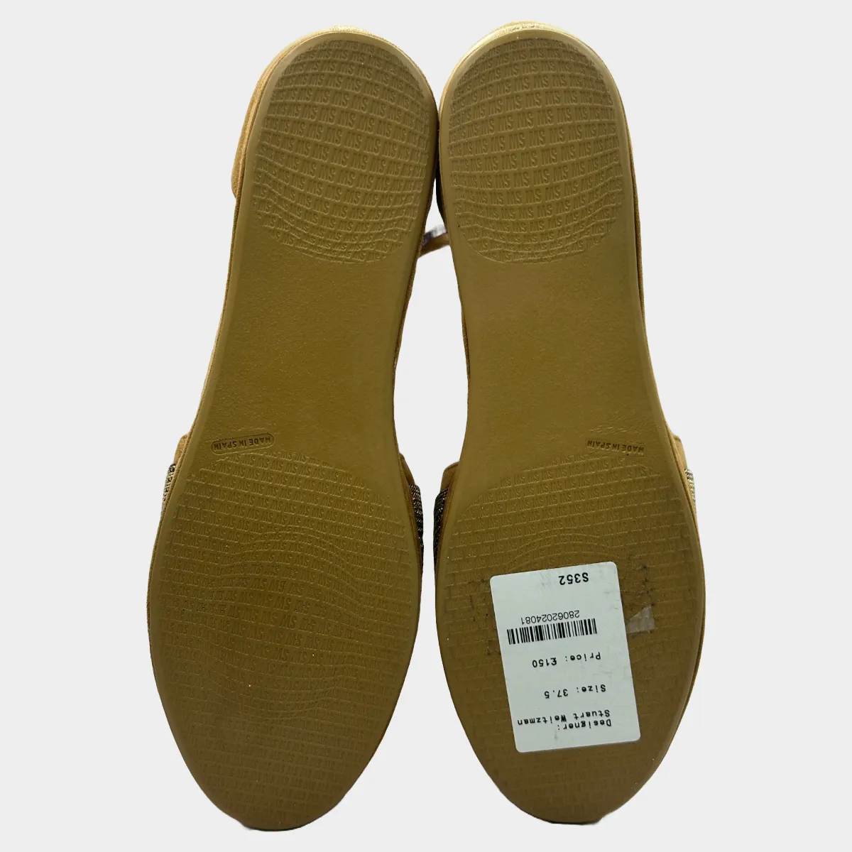 STUART WEITZMAN beige and gold suede lace-up espadrilles with chain trims at the toes