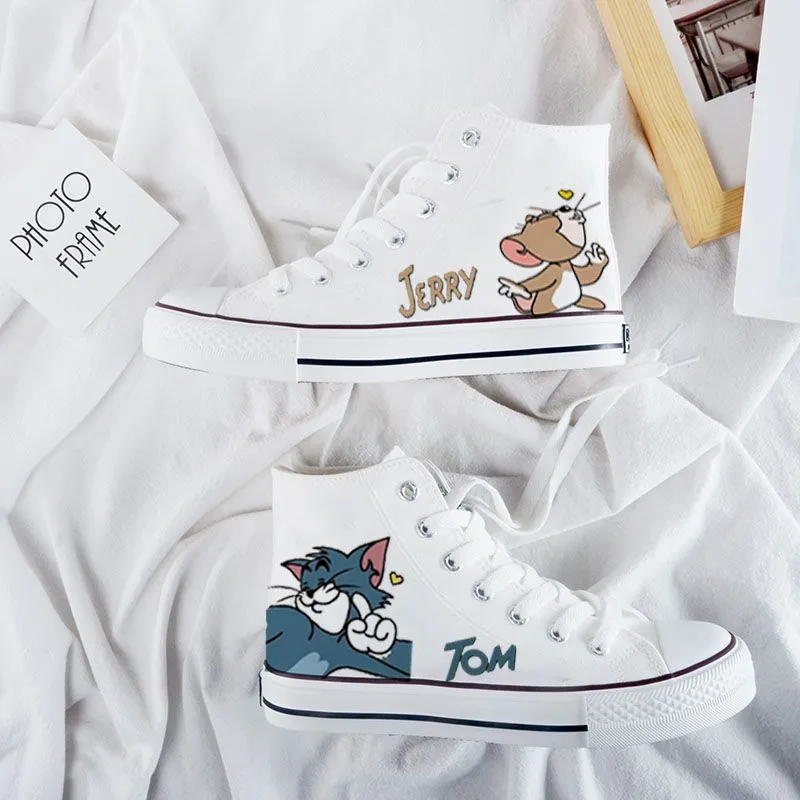 Womens Cartoon Cute Cat Mouse Print Canvas Shoes