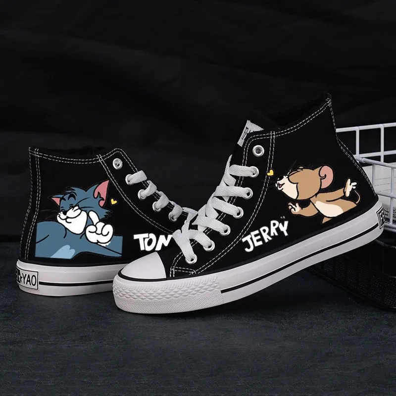 Womens Cartoon Cute Cat Mouse Print Canvas Shoes