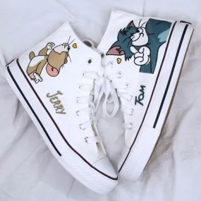 Womens Cartoon Cute Cat Mouse Print Canvas Shoes